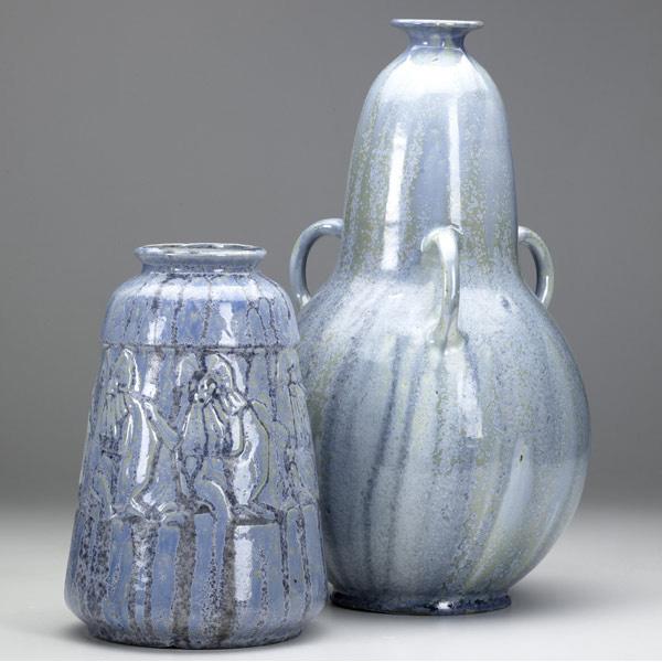 Appraisal: GUERIN Etc Two Belgian vases with blue crystalline glazes one