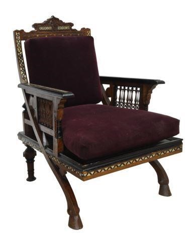 Appraisal: Syrian arabesque carved and inlaid armchair early th c having