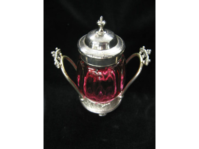 Appraisal: Victorian Cranberry Art Glass Mustard Jar in silverplate holder