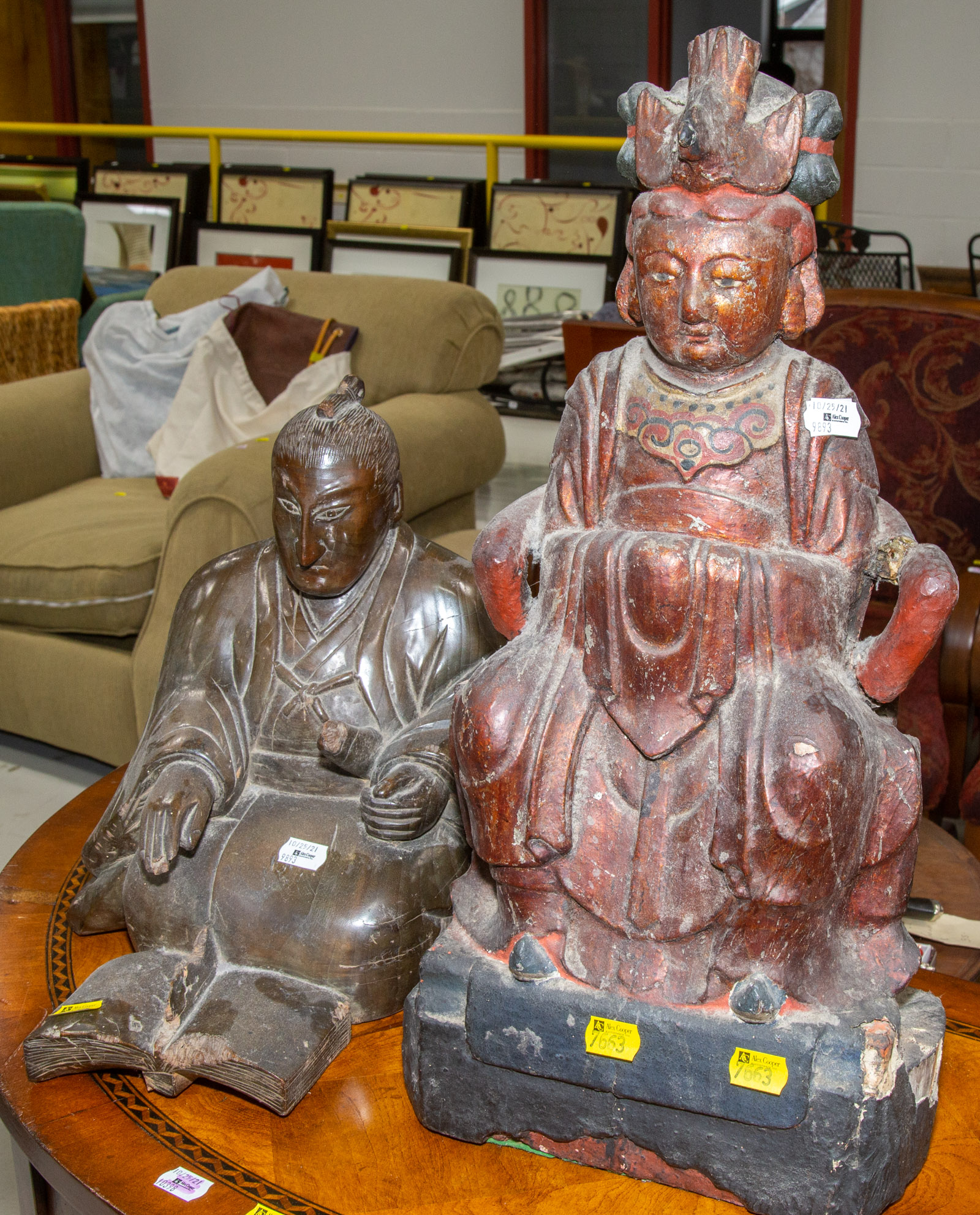 Appraisal: JAPANESE CHINESE FIGURAL SCULPTURES Comprising a Japanese Carved wood figure