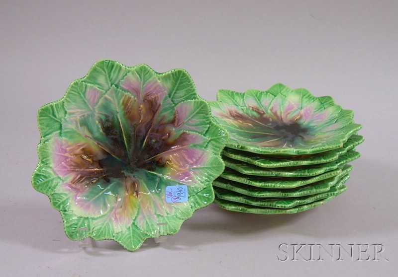 Appraisal: Set of Eight Majolica Leaf-shaped Plates dia in Glaze wear