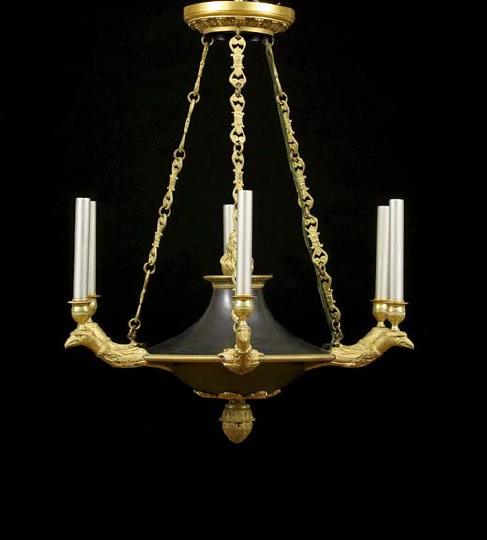 Appraisal: French Empire-Style Gilt-Bronze and Patinated Metal Six-Light Chandelier early th