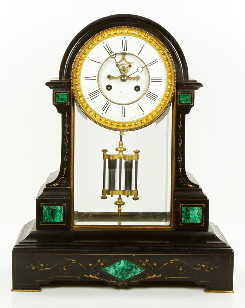 Appraisal: - th C French Marble and Malachite Mantle Clock th