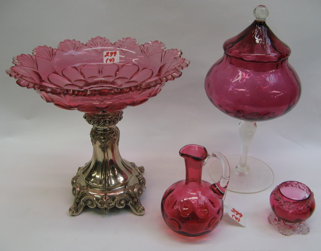 Appraisal: FOUR CRANBERRY GLASS PIECES covered compote with clear standard and