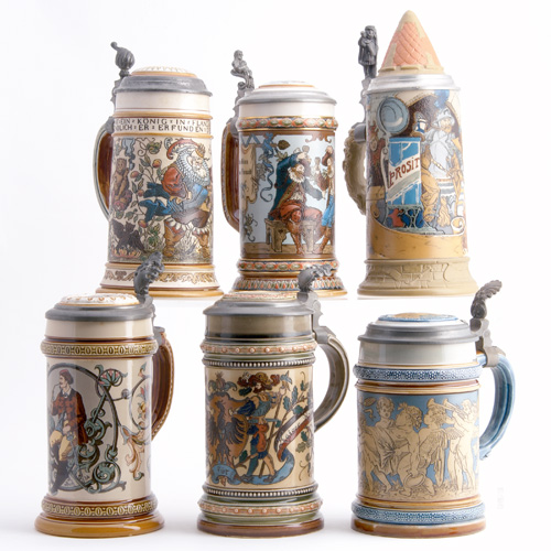 Appraisal: METTLACH Six half-liter beer steins minute nick to base and