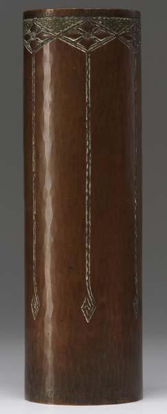 Appraisal: ROYCROFT Hammered copper cylindrical vase embossed with quatrefoils below a