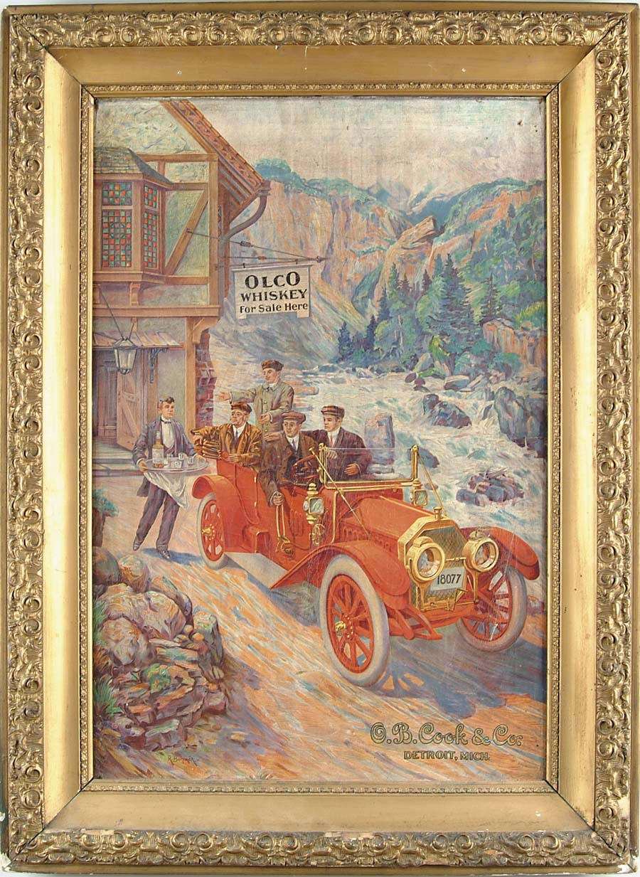 Appraisal: OLCO WHISKEY CANVAS SIGN Great illustration of four gents in