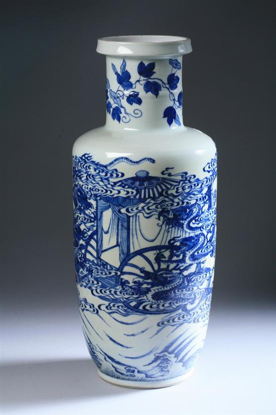 Appraisal: CHINESE BLUE AND WHITE PORCELAIN ROULEAU DRAGON VASE - in