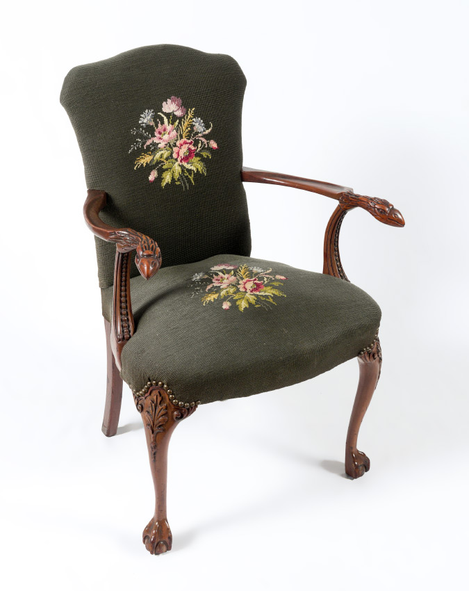 Appraisal: VICTORIAN LADIES' CHAIR WITH CARVED BIRD HAND HOLDS Green upholstered