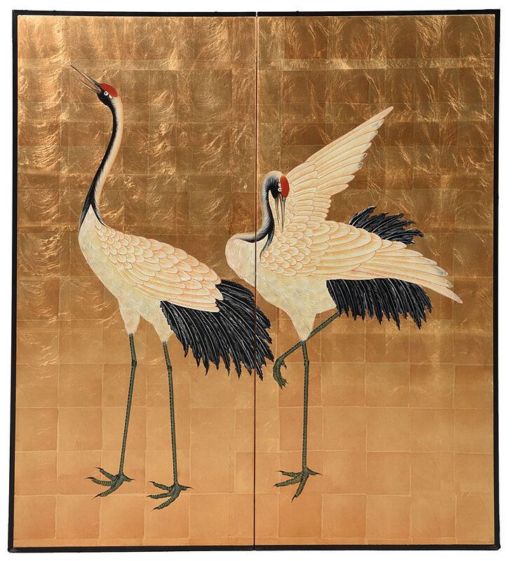 Appraisal: Japanese Two Panel Screen with Crane Decoration th century joined