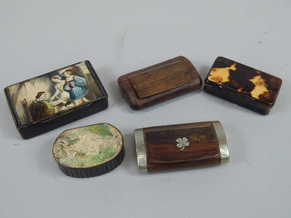 Appraisal: Five snuff boxes to include a thC rosewood and silver