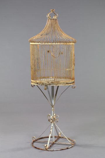 Appraisal: Victorian-Style Wrought-Iron Birdcage-on-Stand of cylindrical form with modified pagoda top