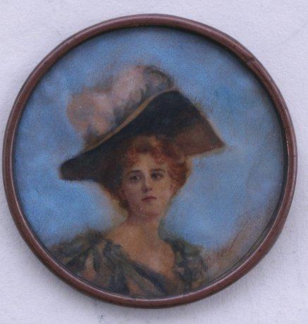 Appraisal: GOOD MINIATURE PASTEL WATERCOLOR SIGNED BEATON '' diameter worn metal