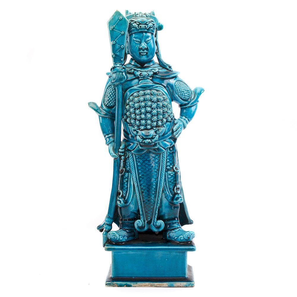 Appraisal: Large Chinese Blue Celadon Guardian figure on altar-form base in