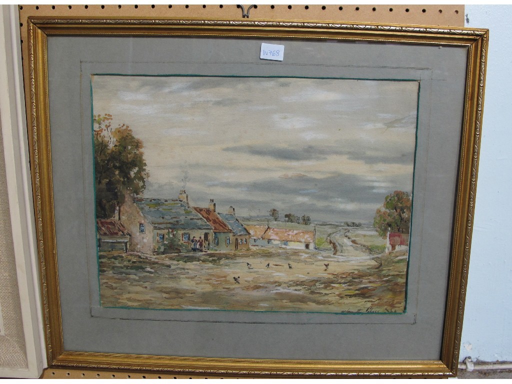 Appraisal: J HAMILTON GLASS Watercolour landscape with cottages signed