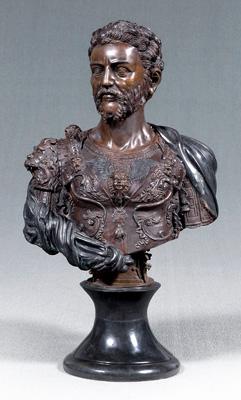 Appraisal: Bronze bust of Roman soldier ornate armor including various winged