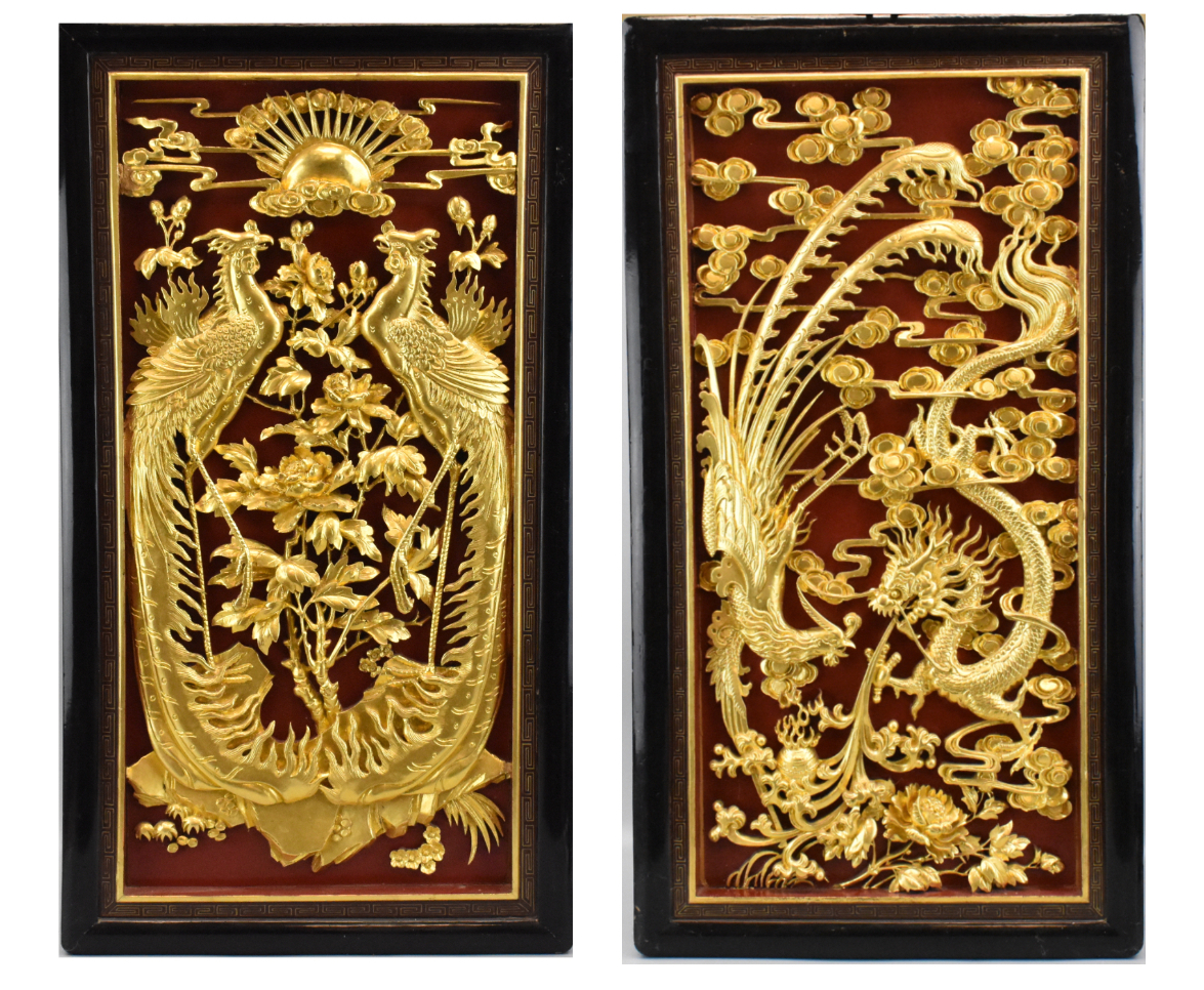 Appraisal: A pair of Chinese gilt lacquered panels carved in deep