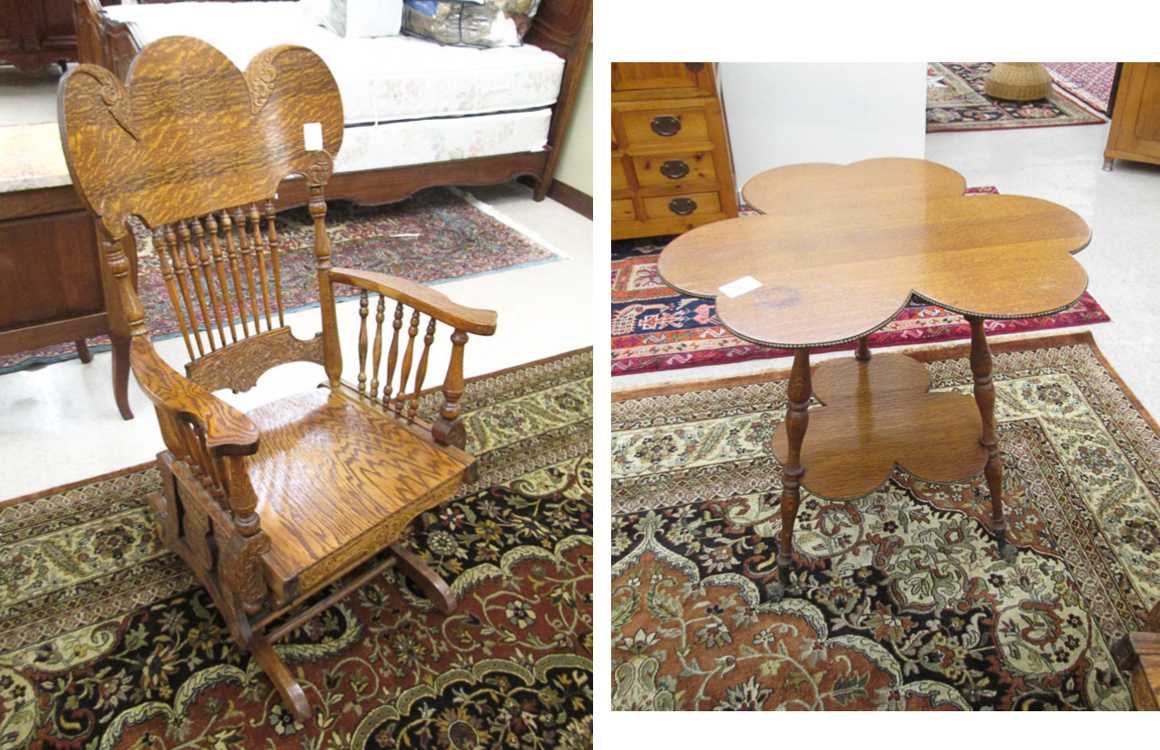 Appraisal: AN OAK PLATFORM ROCKER AND LAMP TABLE The rocker manufactured