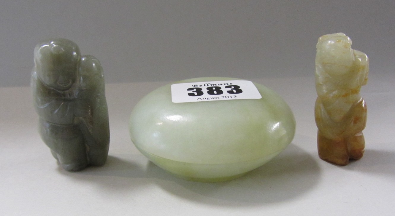 Appraisal: Two small Chinese jade figures th one of greyish green