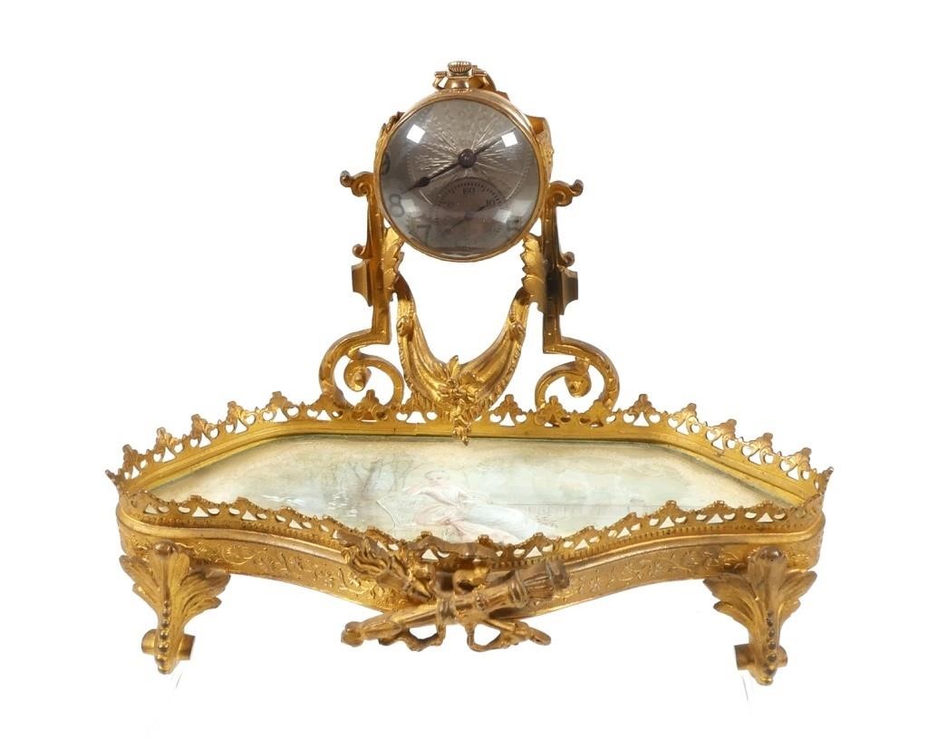 Appraisal: Antique gilt vanity tray with magnified watch holder Tray has