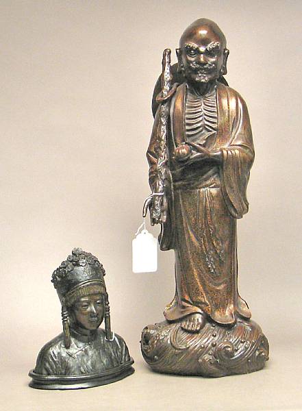 Appraisal: Two Chinese patinated metal figural sculptures Including a standing luohan