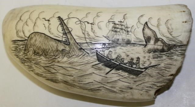 Appraisal: CONTEMPORARY SCRIMSHAW WHALE TOOTH DEPICTINGWHALE HUNT LONG SIGNED UPPER LEFT