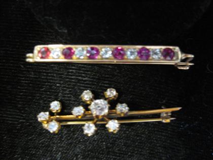 Appraisal: Two karat yellow gold and diamond pinsRuby and diamond bar