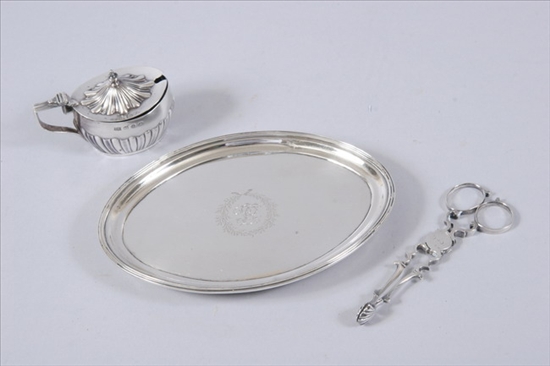 Appraisal: THREE ENGLISH SILVER TABLE ARTICLES Including pair George II sugar