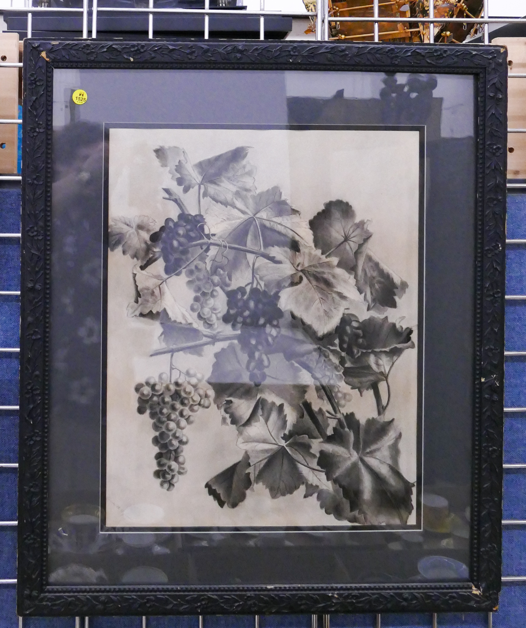 Appraisal: Antique Grape Vine Charcoal Painting Framed- x ''