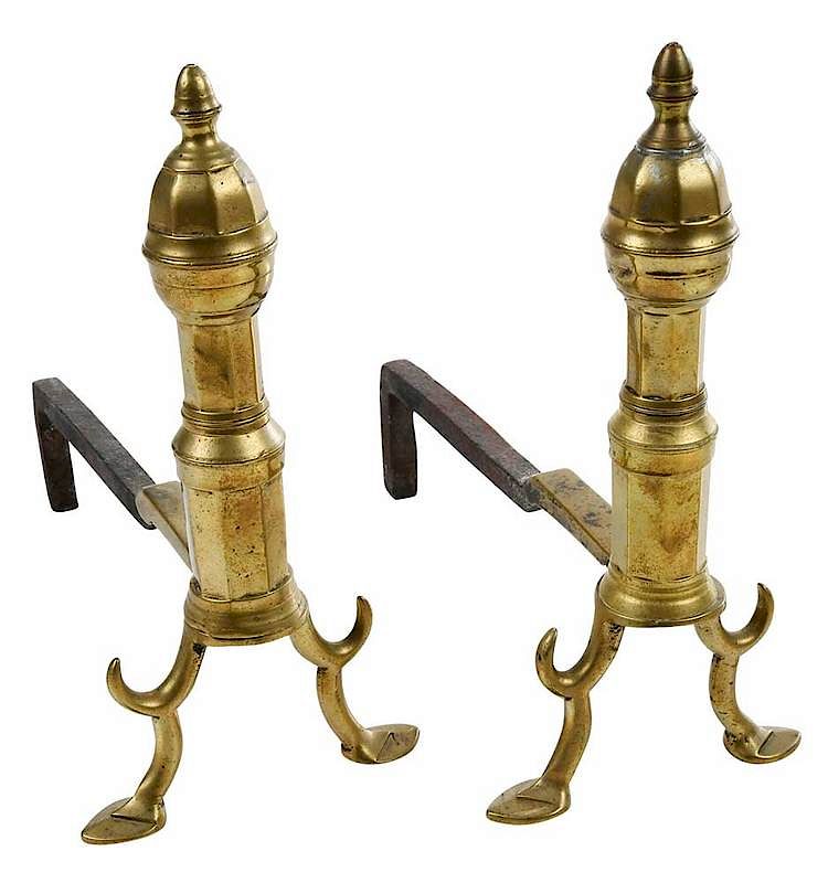 Appraisal: Pair Early Miniature Brass Andirons American Boston area early th