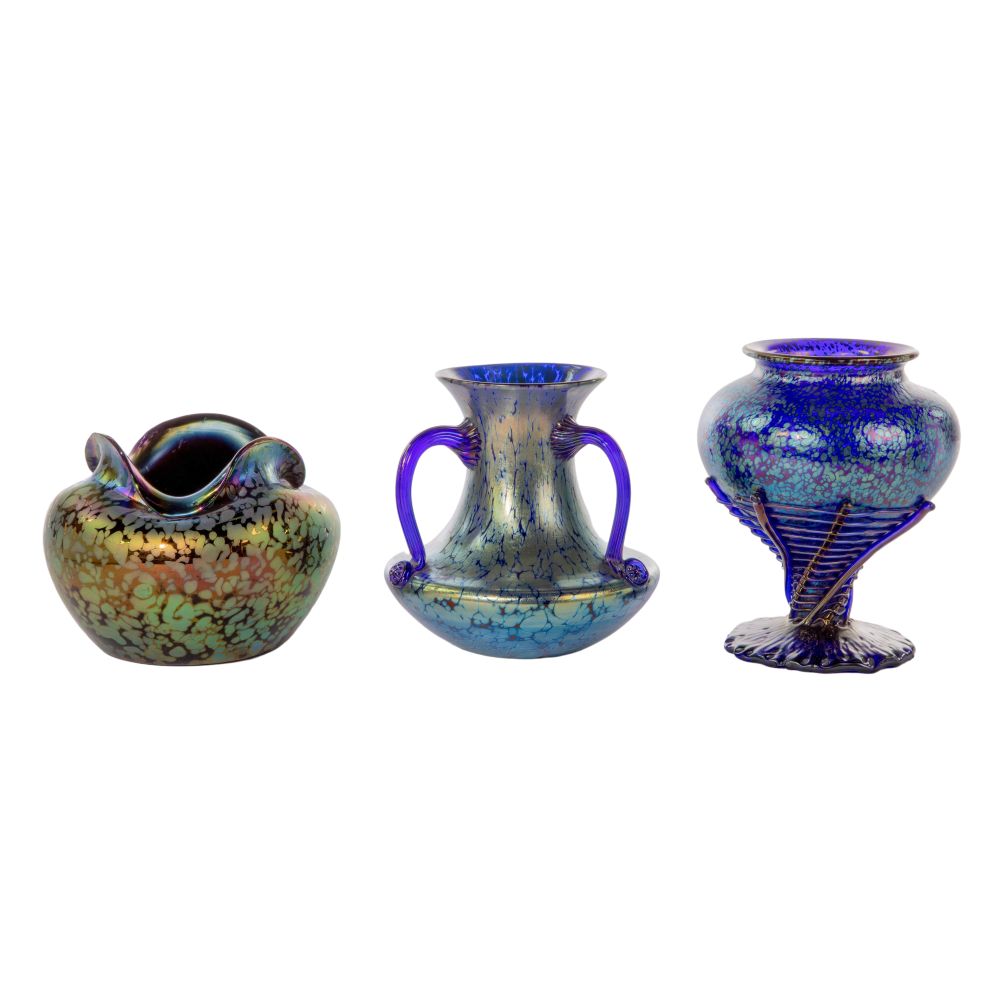 Appraisal: ATTRIBUTED TO LOETZ IRIDESCENT ART GLASS VASES unsigned items including