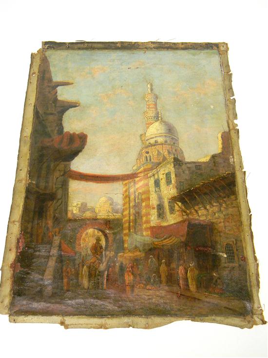 Appraisal: Oil on canvas depicts Cairo street with Al-Ghuri Madrasah Mosque