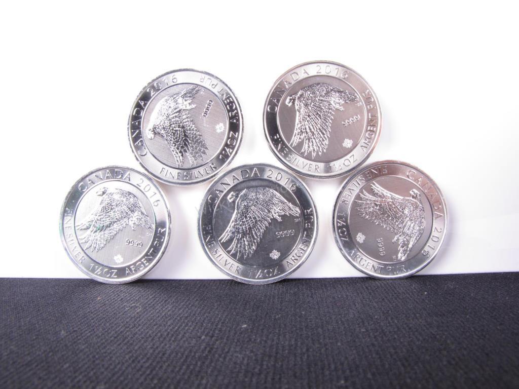 Appraisal: Five Canadian Royal Mint Falcon Silver Coins each oz of