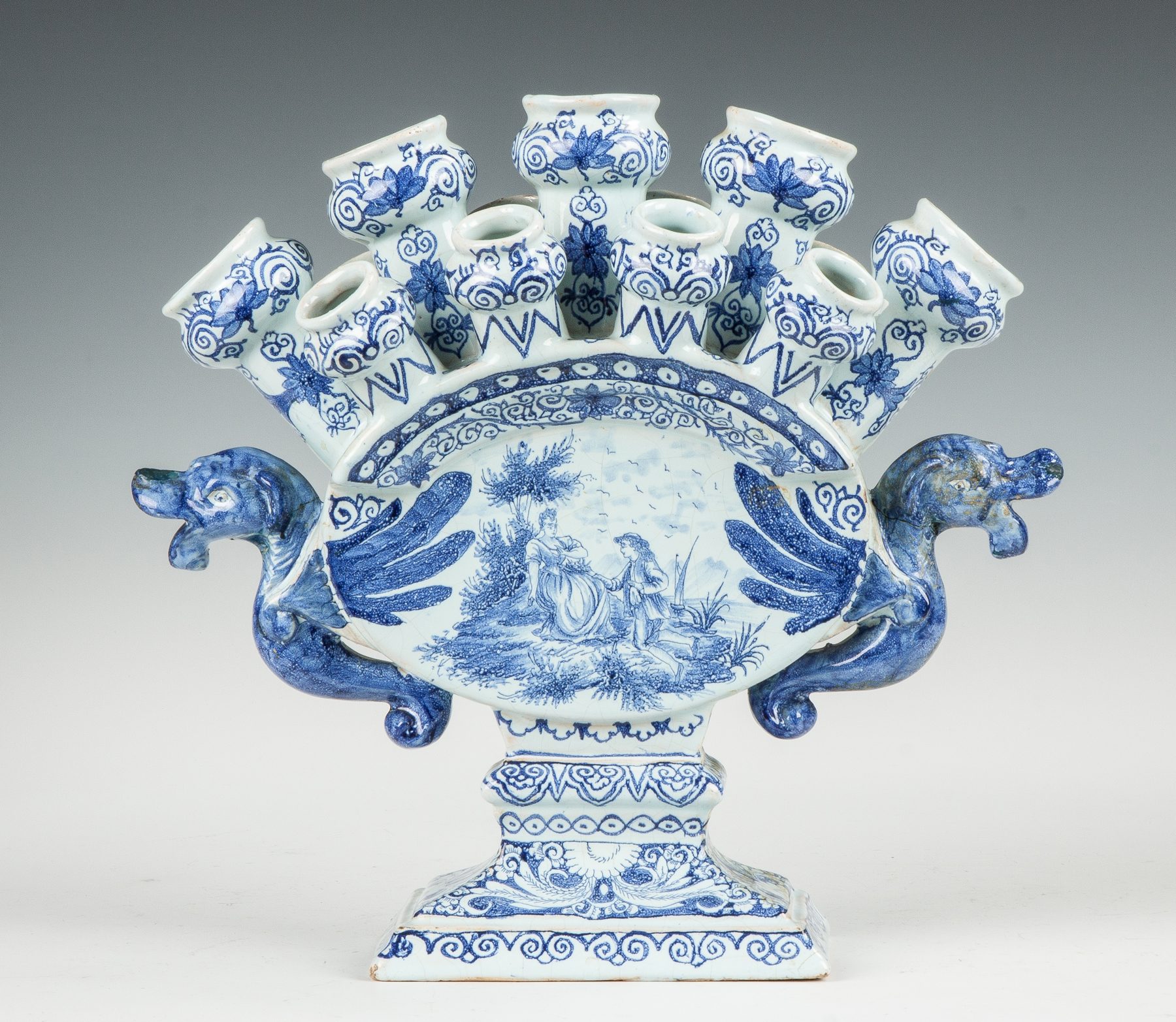 Appraisal: Early Delft Bough Vase with Winged Figure Handles Initialed H