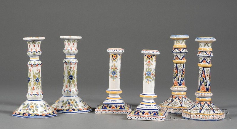 Appraisal: Three Pairs of French Faience Candlesticks France late th century