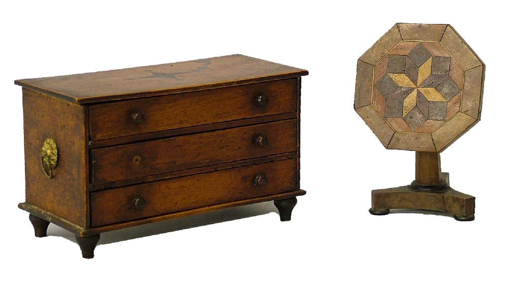 Appraisal: th century miniature inlaid chest of three long drawers with