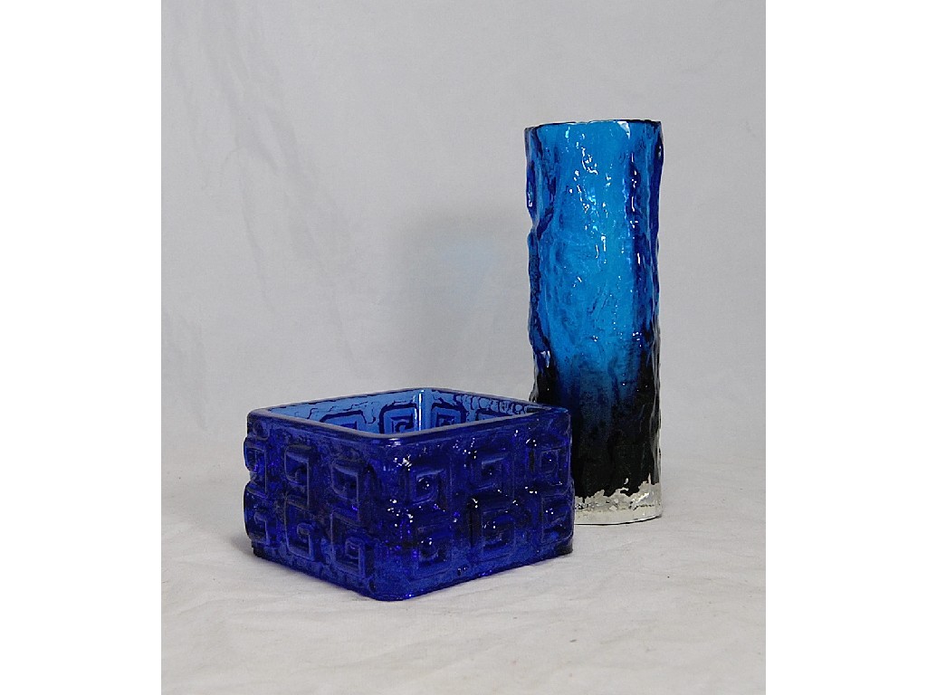 Appraisal: Whitefriars blue glass bark effect vase of irregular square form