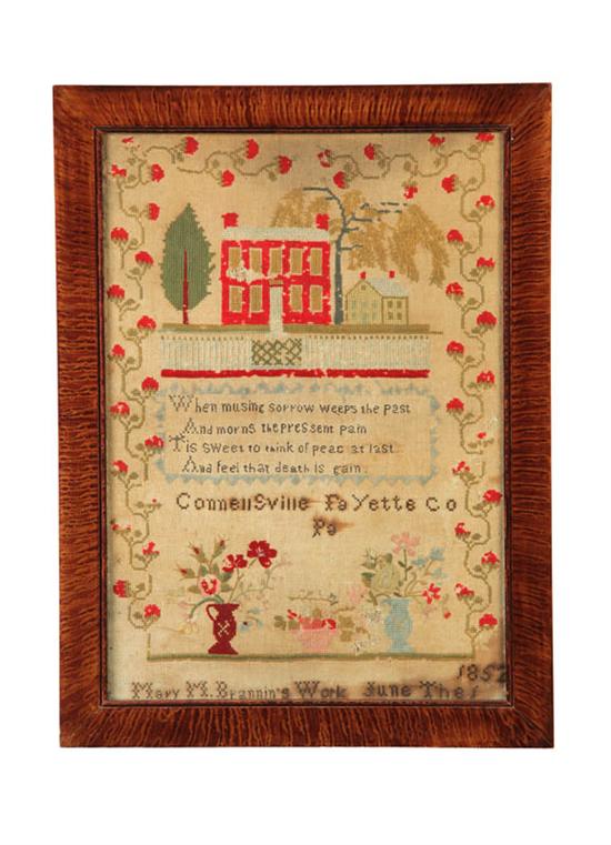 Appraisal: PENNSYLVANIA SAMPLER Connellsville Fayette County wool on linen Two-story house