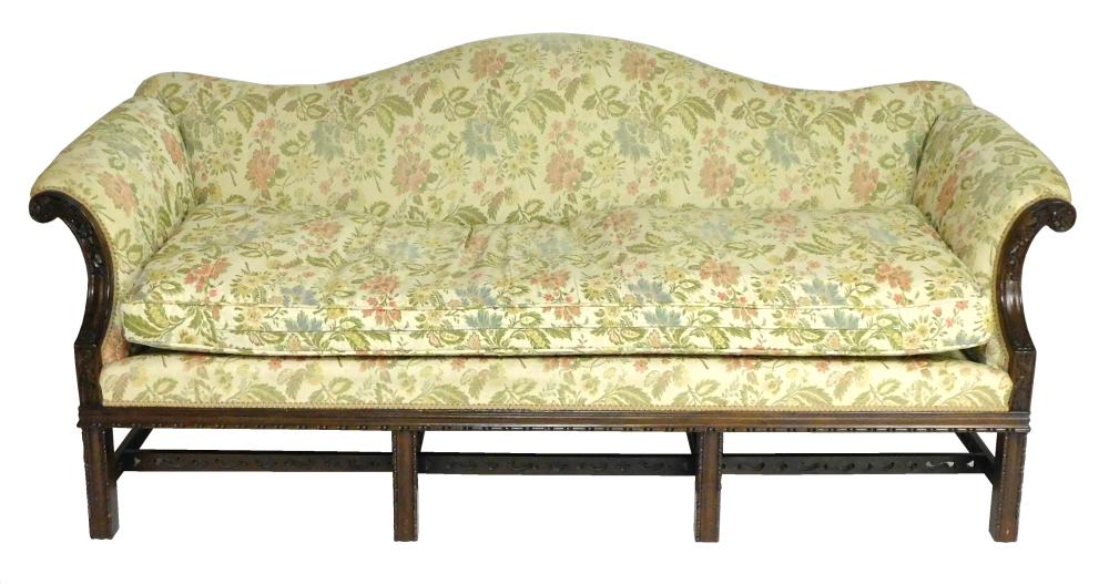 Appraisal: CHIPPENDALE STYLE CAMEL BACK SOFA UPHOLSTERED IN A PINK YELLOW