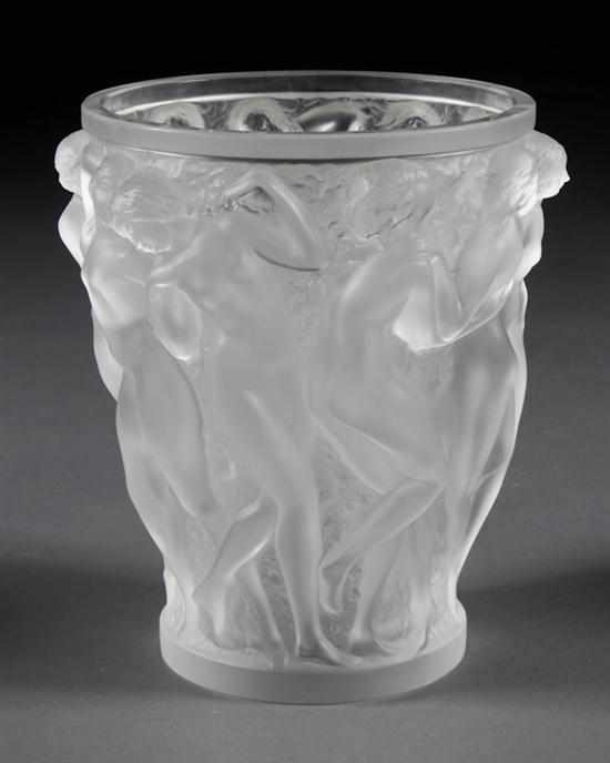 Appraisal: Lalique frosted glass ''Bacchante'' vase round tapered vase modeled with