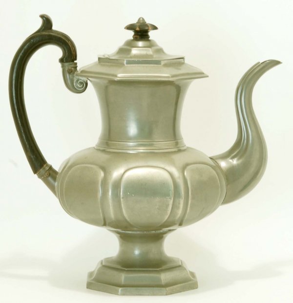 Appraisal: Britannia ware coffee pot Eight paneled squat body with octogonal