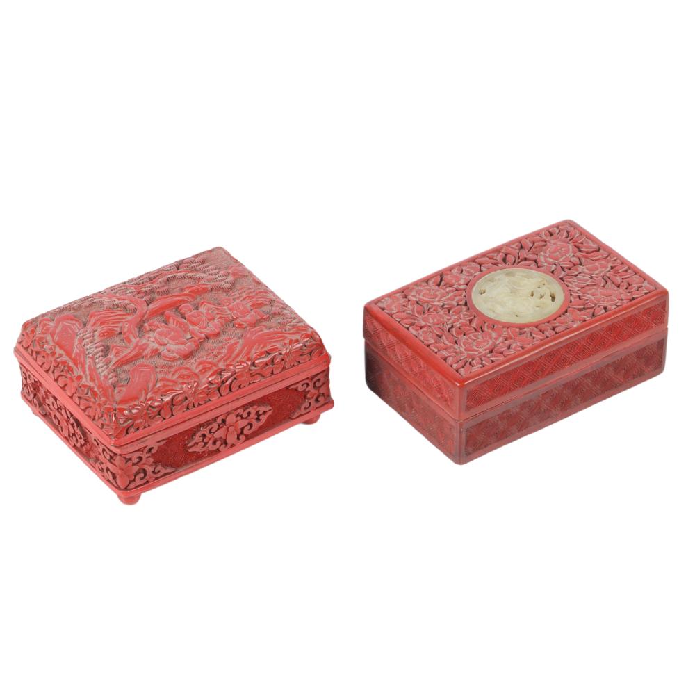 Appraisal: TWO CHINESE CARVED CINNABAR BOXES ONE WITH CARVED JADE MEDALLION