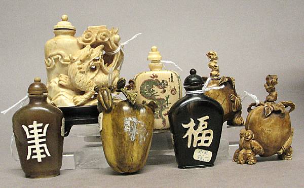 Appraisal: Seven snuff bottles Including two horn bottles with bone overlay