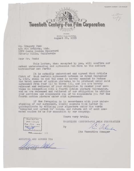 Appraisal: GREGORY PECK Two typed letters signed by Peck amending a