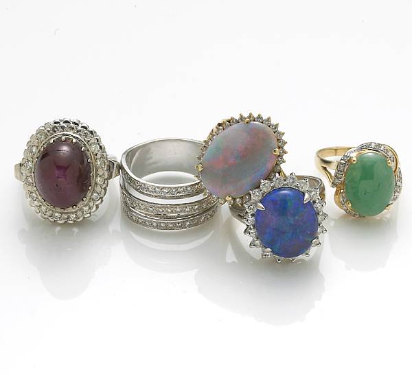 Appraisal: A collection of five diamond opal synthetic opal gem-set k