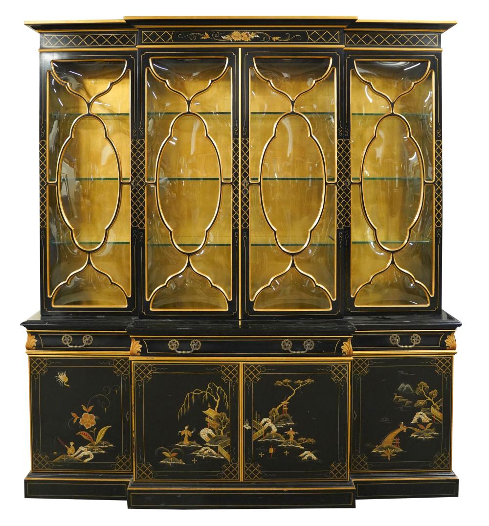 Appraisal: KARGES GEORGIAN-STYLE CHINOISERIE BREAKFRONT CABINETcirca with manufacturer's metal label and