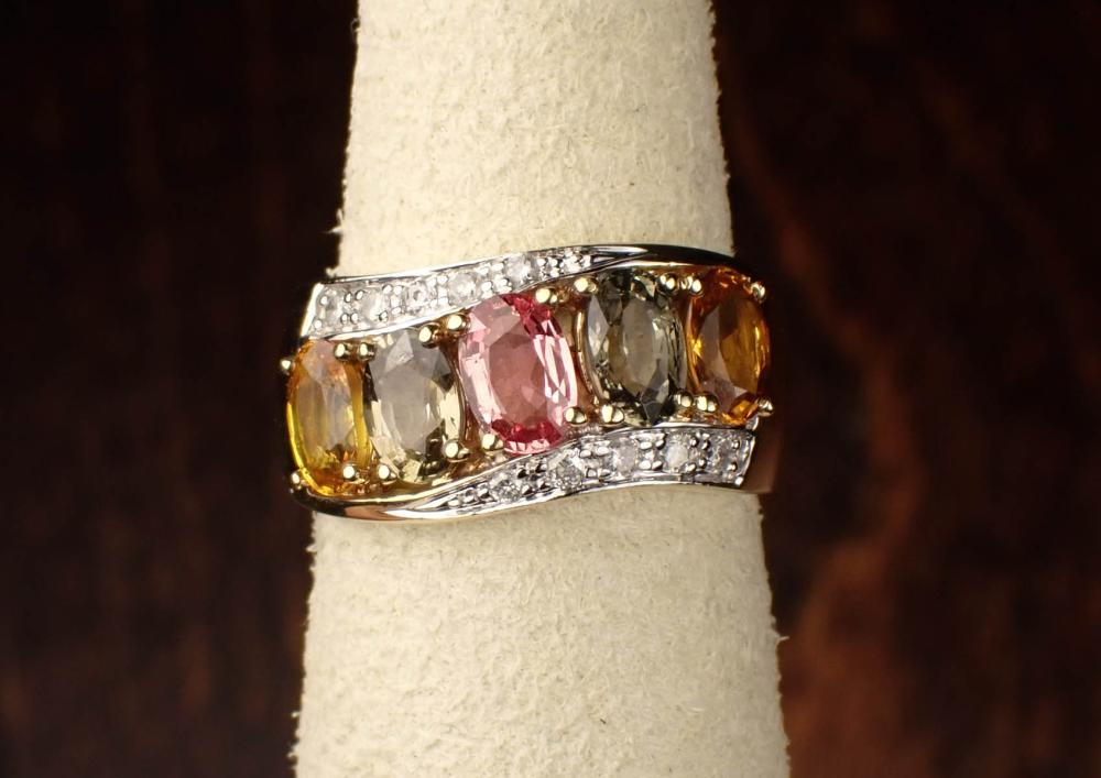 Appraisal: MULTI COLOR SAPPHIRE AND DIAMOND RING The k yellow and