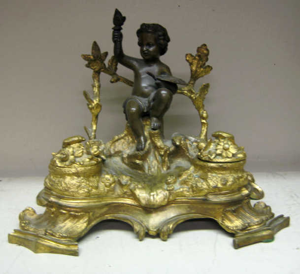 Appraisal: CONTINENTAL GILT BRONZE FIGURAL ENCRIER Foliate decorated allover with raised