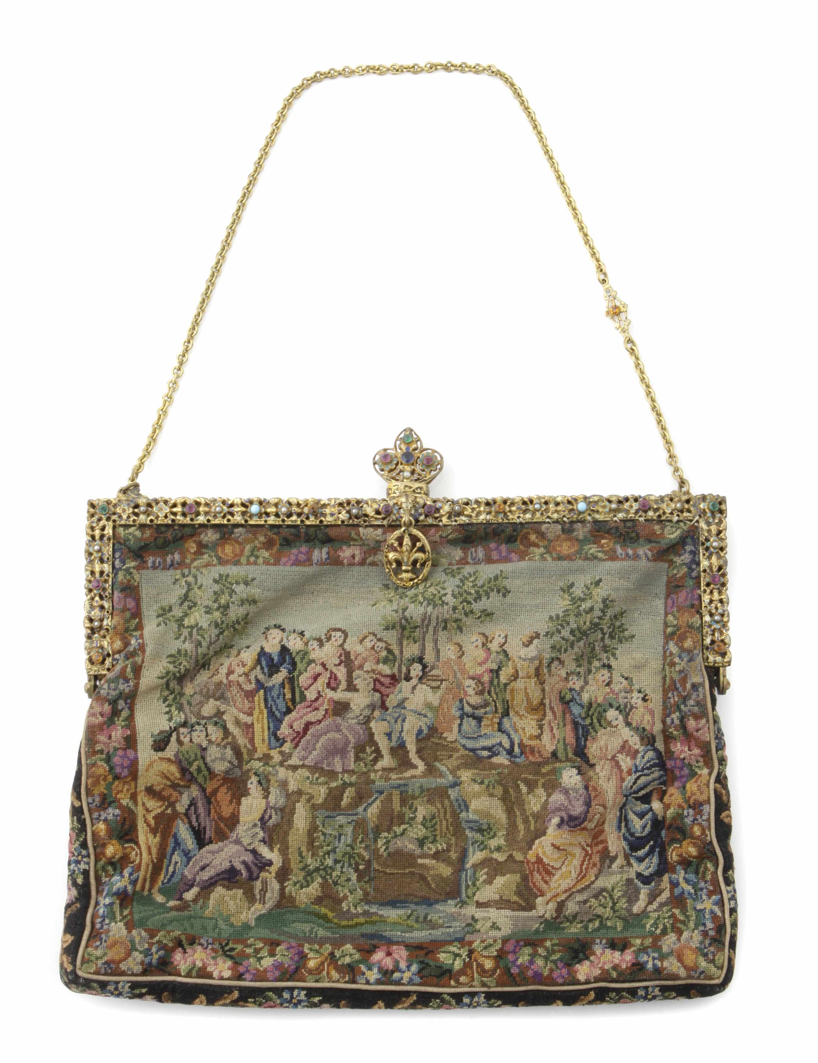 Appraisal: A tapestry enamel and stone handbag measuring approximately x in