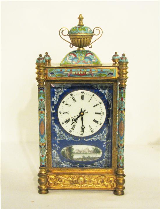 Appraisal: Cloisonne decorated mantle clock '' high urn finial round columns